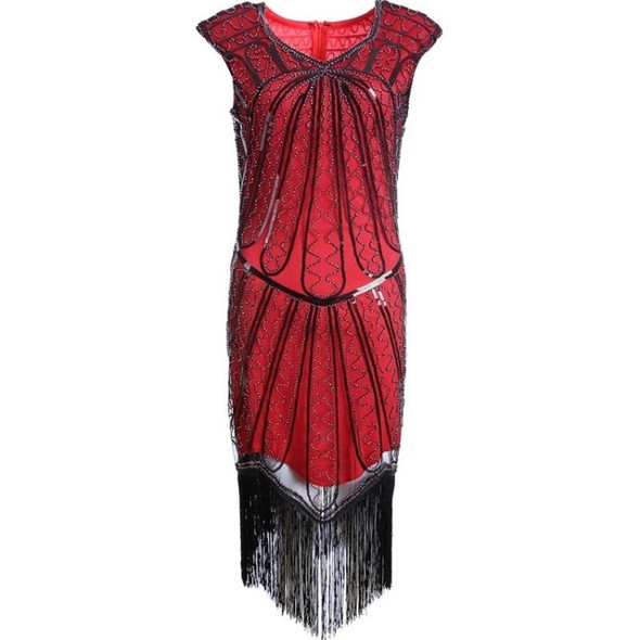 Women Beaded Long Fishtail Dress (Wine Red_L)
