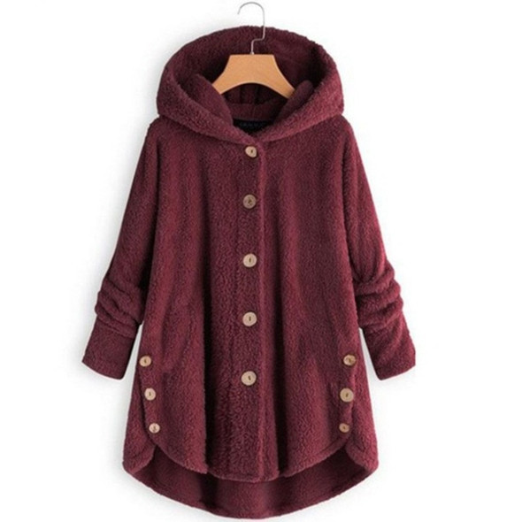 Button Plush Irregular Solid Color Coat (Color:Wine Red Size:XXL)