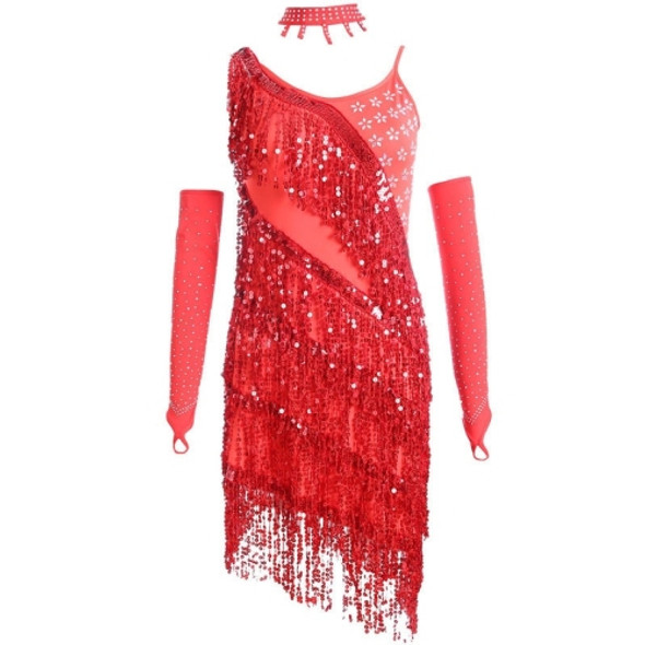 Women Sling Sequined Fringe Latin Skirt (Color:Red Size:S)