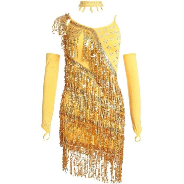 Women Sling Sequined Fringe Latin Skirt (Color:Yellow Size:L)