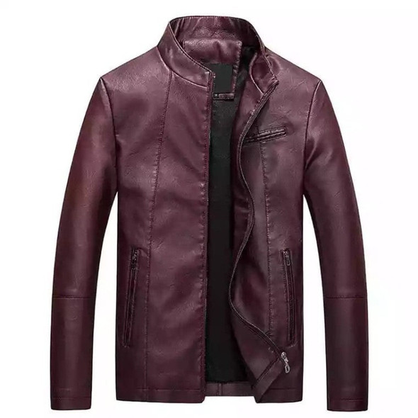 Men Slim-fit Washed PU Leather Jacket (Color:Red Size:L)