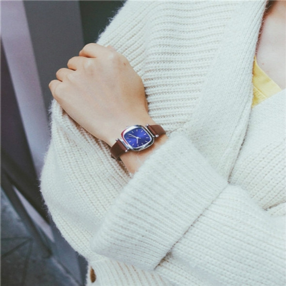 Small Retro Square Dial Leather Straps Watch for Women(coffee band blue dial)