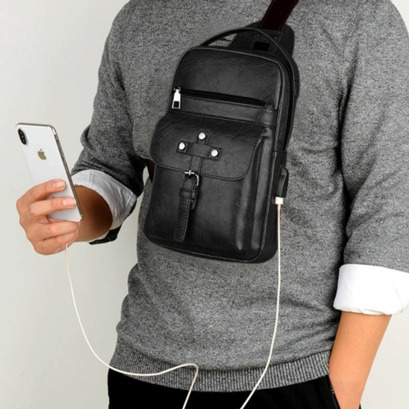 Universal Fashion Casual Outdoor Men Shoulder Messenger Bags Retro Men Waist Bag with Charging Port, Size: L (28cm x 19cm x 5.5cm)(Black)