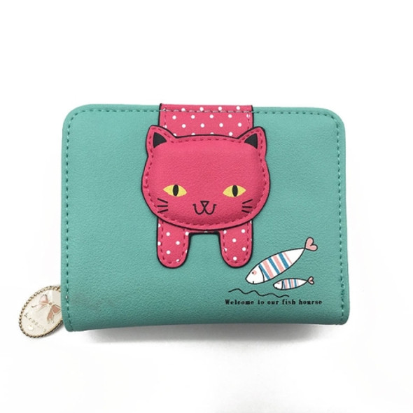 Women Cute Cat Wallet Small Zipper Girl Wallet Coin Purse(Green)