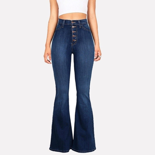 Slim-fit High-waisted Buttocks Denim Flared Pants (Color:Dark Blue Size:M)