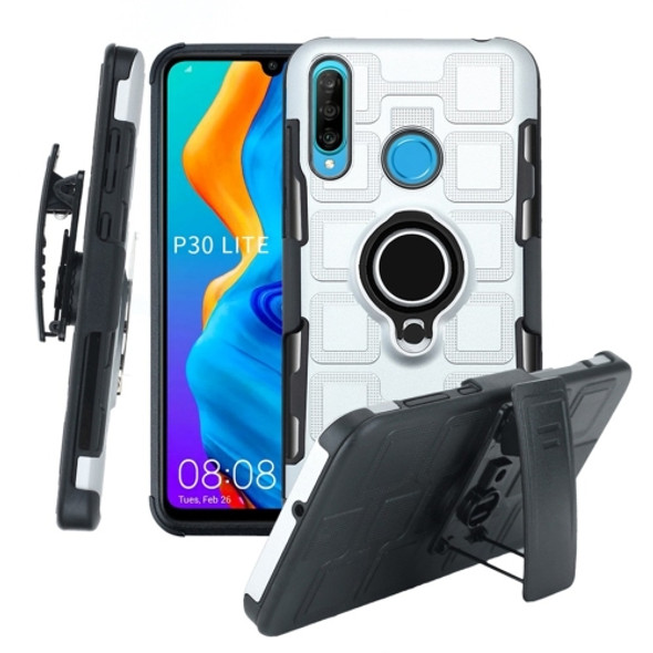 For Huawei P30 Lite 3 In 1 Cube PC + TPU Protective Case with 360 Degrees Rotate Black Ring Holder(Silver)