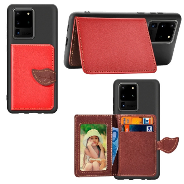 For Galaxy S20 Ultra Leaf Buckle Litchi Texture Card Holder PU + TPU Case with Card Slot & Wallet & Holder & Photo Frame(Red)