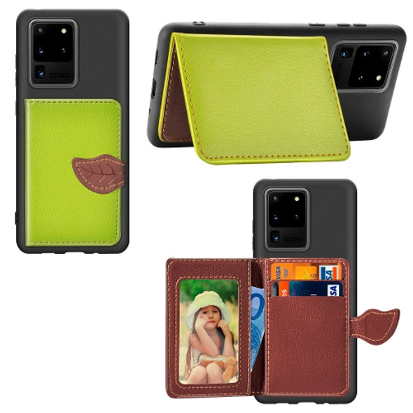 For Galaxy S20 Ultra Leaf Buckle Litchi Texture Card Holder PU + TPU Case with Card Slot & Wallet & Holder & Photo Frame(Green)