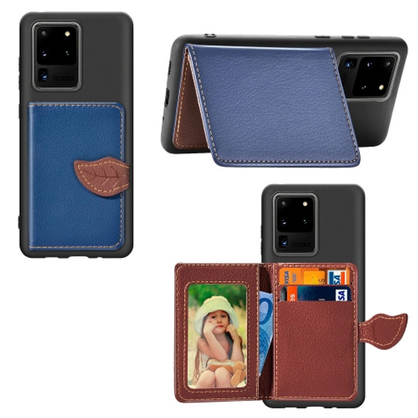 For Galaxy S20 Ultra Leaf Buckle Litchi Texture Card Holder PU + TPU Case with Card Slot & Wallet & Holder & Photo Frame(Blue)