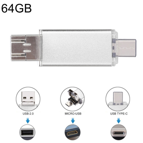 64GB 3 in 1 USB-C / Type-C + USB 2.0 + OTG Flash Disk, For Type-C Smartphones & PC Computer (Silver)