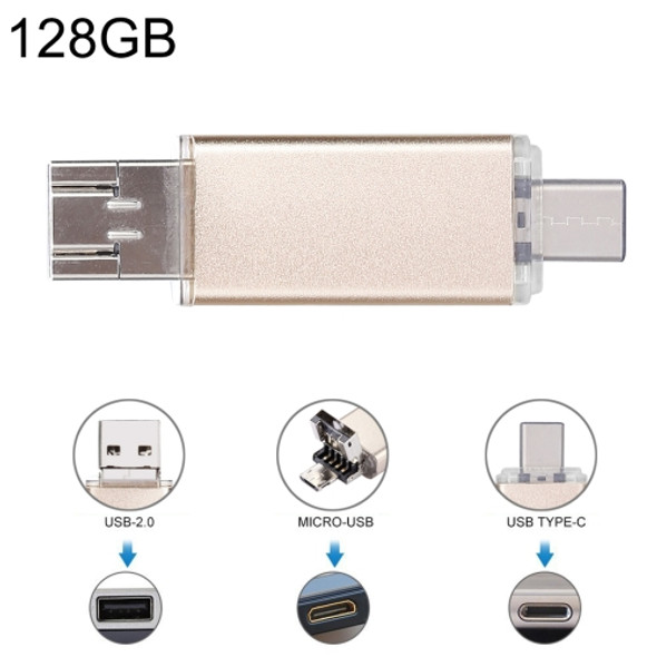 128GB 3 in 1 USB-C / Type-C + USB 2.0 + OTG Flash Disk, For Type-C Smartphones & PC Computer(Gold)