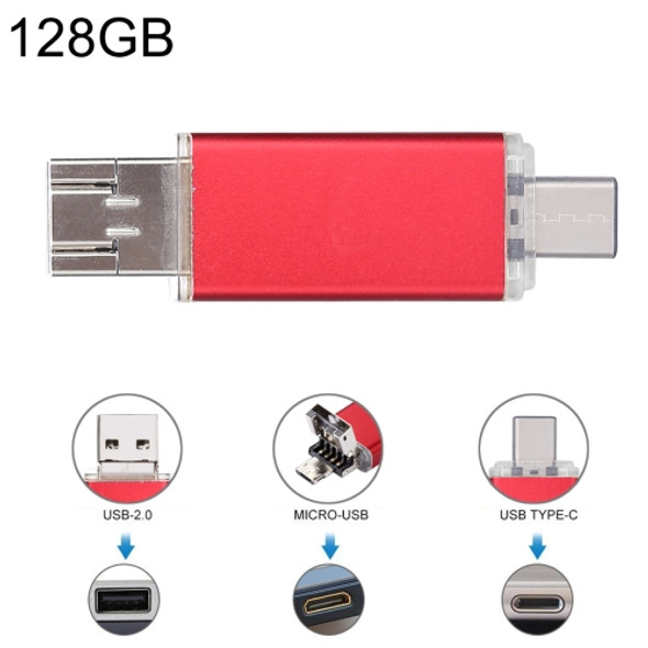 128GB 3 in 1 USB-C / Type-C + USB 2.0 + OTG Flash Disk, For Type-C Smartphones & PC Computer(Red)