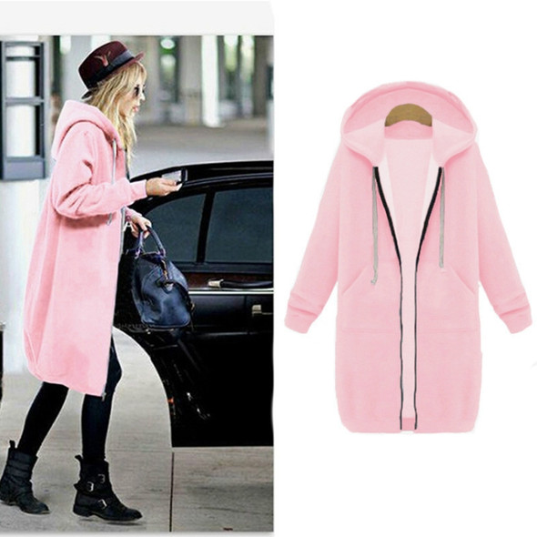 Women Hooded Long Sleeved Sweater In The Long Coat, Size:M(Pink)