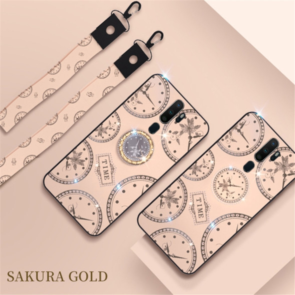 For OPPO A11 / A9 (2020) Fashion Clock Pattern Rhinestone Mobile Phone Shell with Bracket / Hand Rope / Lanyard(Rose Gold)