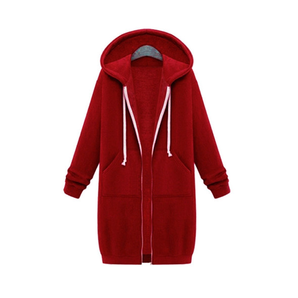 Women Hooded Long Sleeved Sweater In The Long Coat, Size:M(Red)