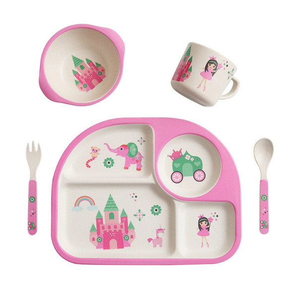 5 PCS/set Eco-friendly Bamboo Fiber Baby Plate Dishes 4 Slots Children Tableware Dishes Dinnerware(Pink)