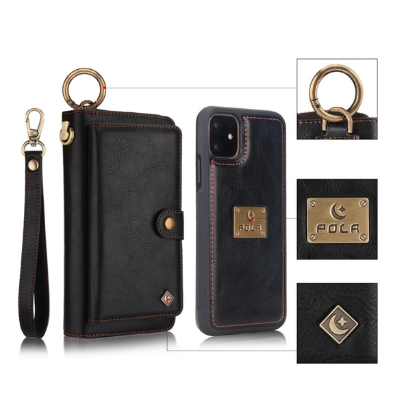 For iPhone 11 POLA Multi-function Fashion Zipper Magnetic Horizontal Flip Leather Case with Card Slots & Wallet & Photo Frame & Lanyard(Black)