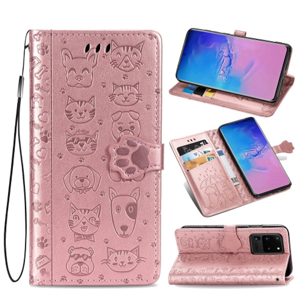 For Galaxy S20 Ultra Cute Cat and Dog Embossed Horizontal Flip PU Leather Case with Holder / Card Slot / Wallet / Lanyard(Rose Gold)