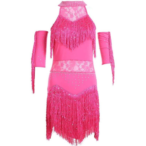 Women Fringe Turtleneck Two-Piece Ballet Skirt (Color:Rose Red Size:M)