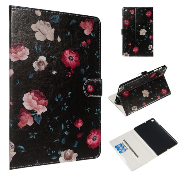 For Galaxy Tab A 10.1 (2019) / T510 Colored Drawing Pattern Horizontal Flip PU Leather Case with Holder & Card Slots(Black Backgroud Flower)