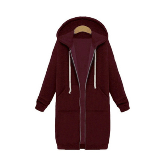 Women Hooded Long Sleeved Sweater In The Long Coat, Size:L(Wine Red)