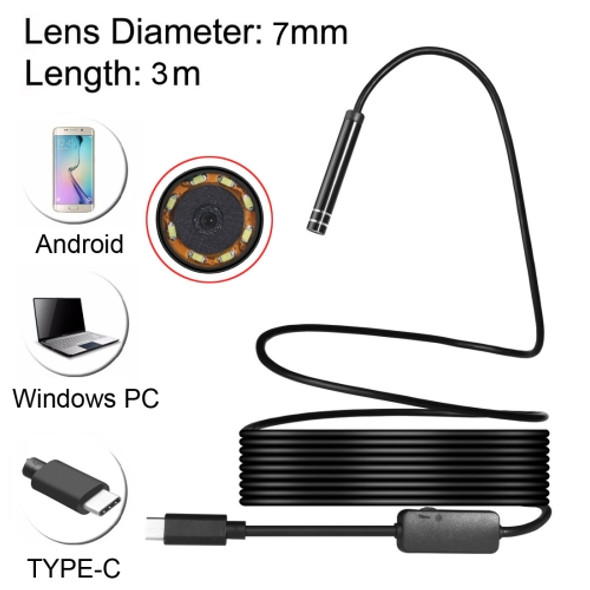 USB-C / Type-C Endoscope Waterproof IP67 Snake Tube Inspection Camera with 8 LED & USB Adapter, Length: 3m, Lens Diameter: 7mm