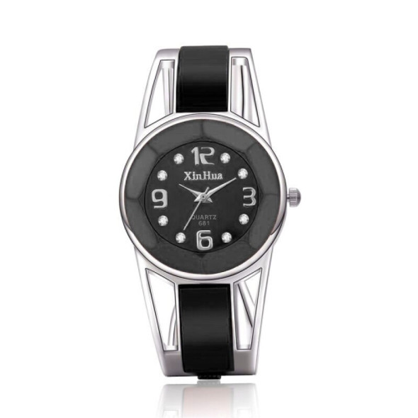 XinHua Women Diamond Mirror Surface Hollow Stainless Steel Bracelet Quartz Watch(Black)