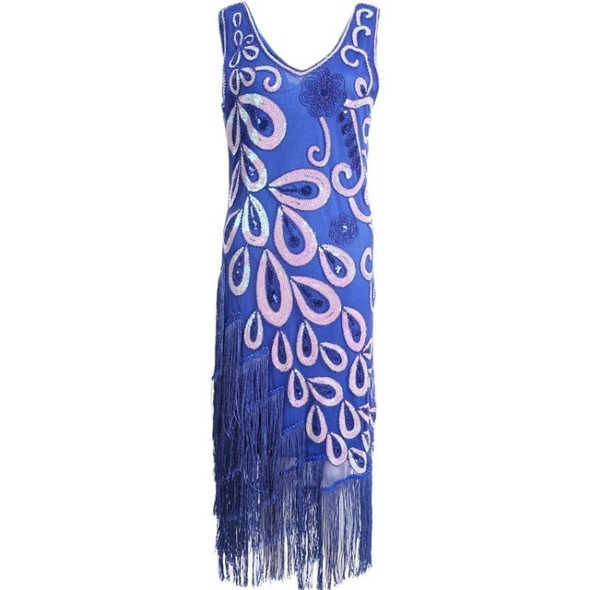 Women Tassel Beaded Tuxedo Dress (Color:Blue Size:S)