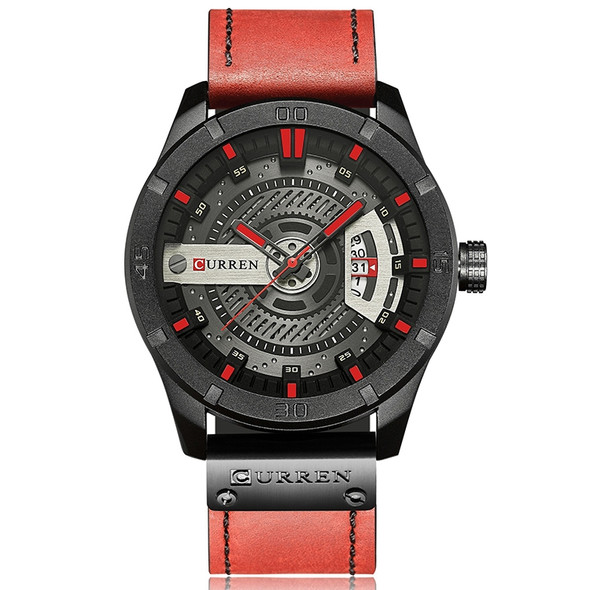 CURREN M8301 Men Military Sports Watch Quartz Date Clock Leather Wristwatch(black case red)
