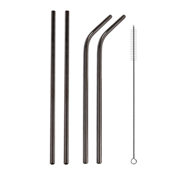 4 PCS Reusable Stainless Steel Drinking Straw + Cleaner Brush Set Kit, 215*8mm(Black)
