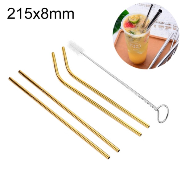 4 PCS Reusable Stainless Steel Drinking Straw + Cleaner Brush Set Kit, 215*8mm(Gold)