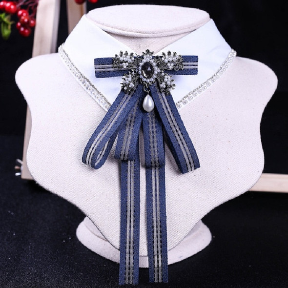 Women Bow-knot Long Bow Tie College Style Stripe Shirt Bow Tie(Navy)