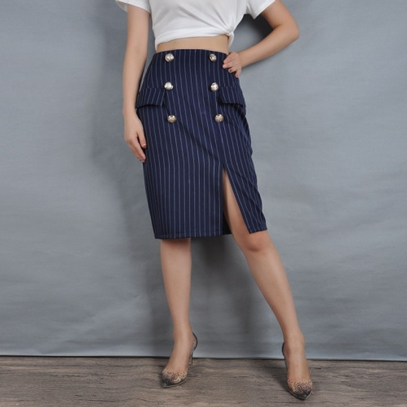 Fake Coin Pocket Hem Slit Striped Skirts (Color:Navy Blue Size:S)