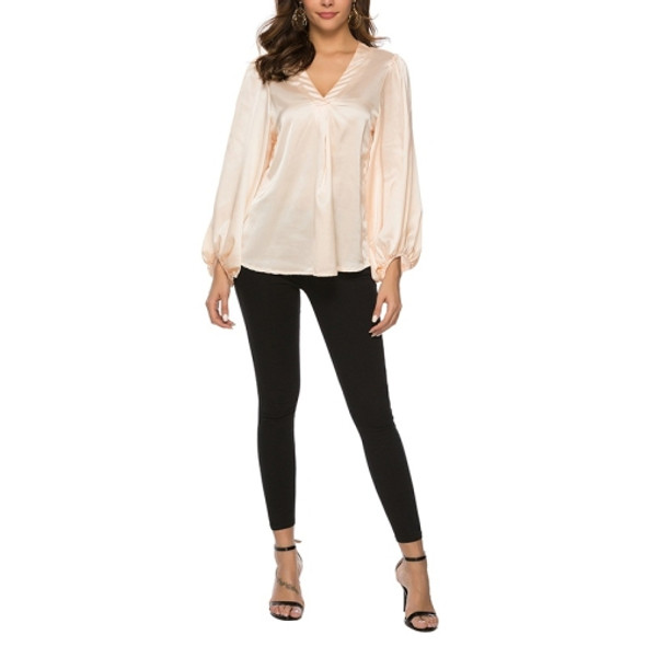 Loose Casual V-neck Solid Color Shirt (Color:Beige Size:XL)