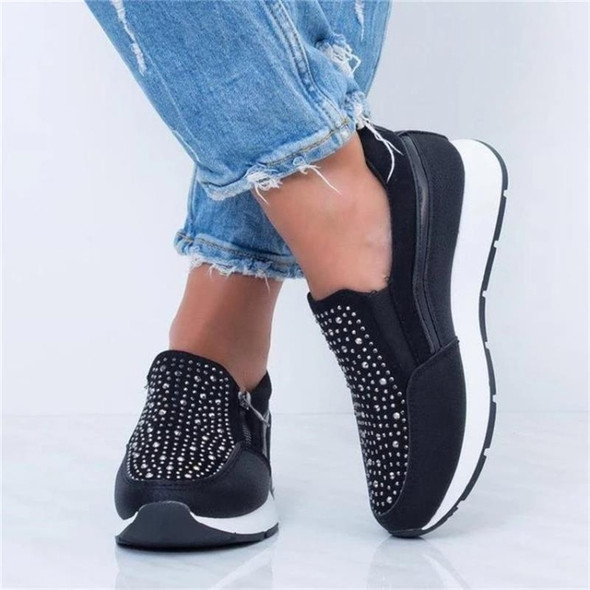 Rhinestone Thick Bottom Side Zipper Increased Ladies Casual Shoes, Size:40(Black)