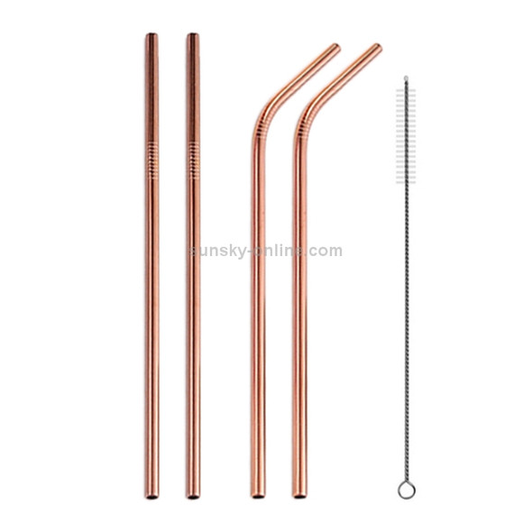 4 PCS Reusable Stainless Steel Drinking Straw + Cleaner Brush Set Kit, 215*8mm(Rose Gold)