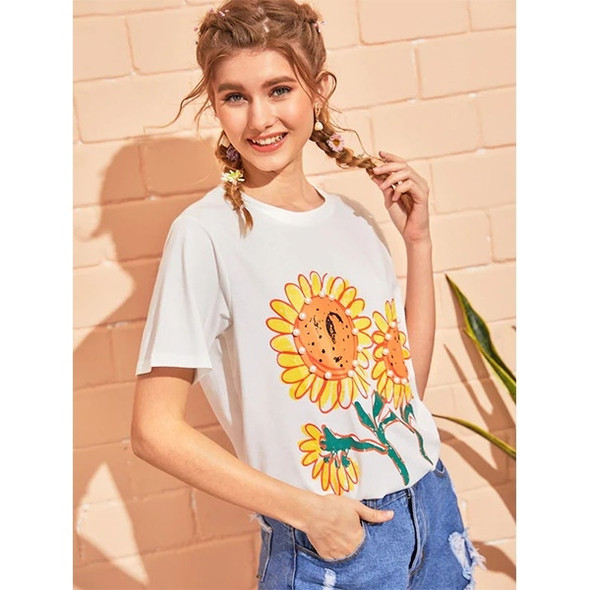 Sweet Sunflower Print T-shirt (Color:White Size:S)