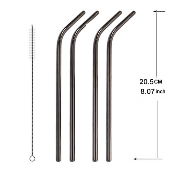 5 PCS Reusable Stainless Steel Bent Drinking Straw + Cleaner Brush Set Kit, 266*6mm(Black)