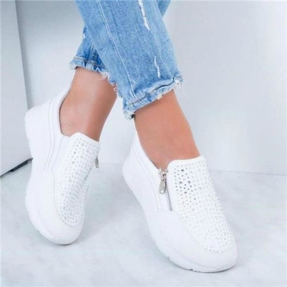 Rhinestone Thick Bottom Side Zipper Increased Ladies Casual Shoes, Size:42(White)