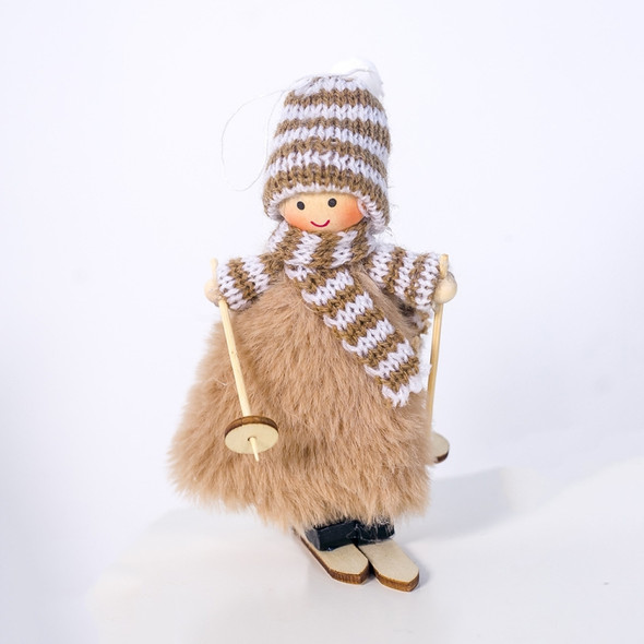 2 PCS Christmas Wool Plush Ski Girl Doll Ornament(Khaki )