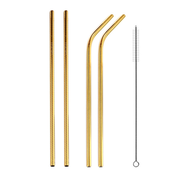 4 PCS Reusable Stainless Steel Drinking Straw + Cleaner Brush Set Kit, 266*6mm(Gold)