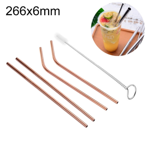 4 PCS Reusable Stainless Steel Drinking Straw + Cleaner Brush Set Kit, 266*6mm(Rose Gold)
