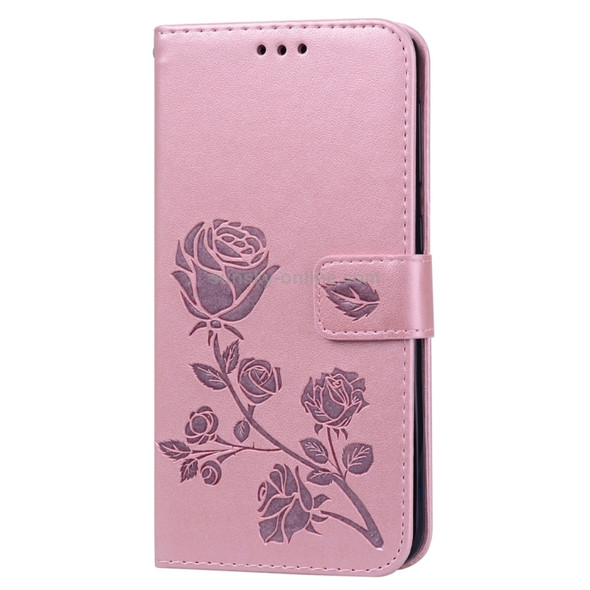 Rose Embossed Horizontal Flip PU Leather Case for Galaxy A10, with Holder & Card Slots & Wallet (Rose Gold)