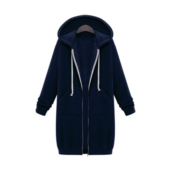 Women Hooded Long Sleeved Sweater In The Long Coat, Size:XXXL(Navy Blue)