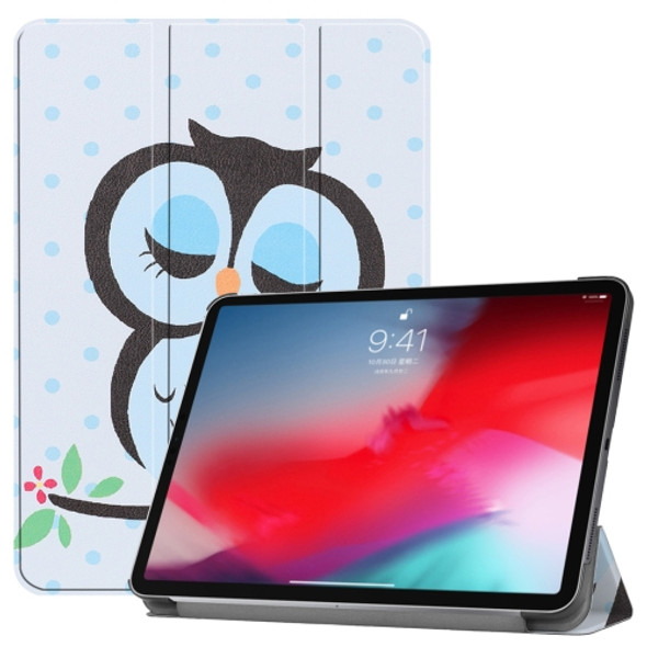 Horizontal Flip Blue Dots and Owl Pattern Colored Painted Leather Case for iPad Pro 11 inch (2018), with Three-folding Holder & Wake-up / Sleep Function