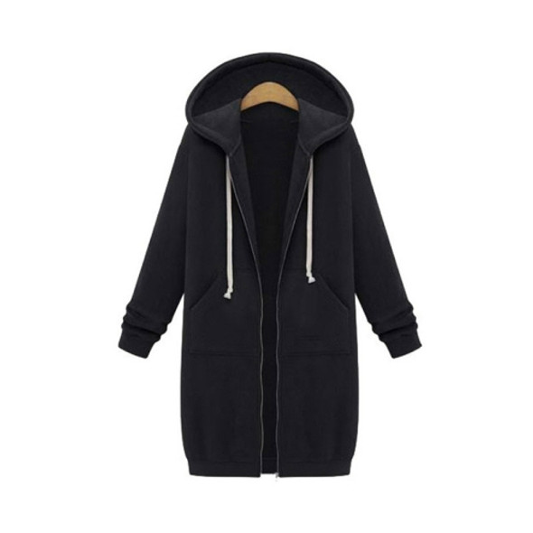 Women Hooded Long Sleeved Sweater In The Long Coat, Size:XXXXXL(Black)