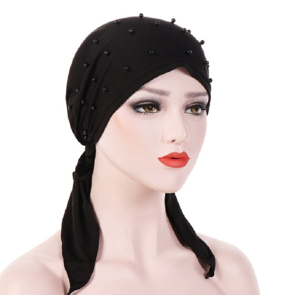Women Pure Color Beaded Stretch Turban Hat Wrap Hat, Size: M?56-58cm?(Black)