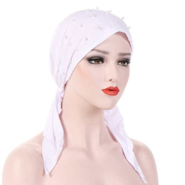Women Pure Color Beaded Stretch Turban Hat Wrap Hat, Size: M?56-58cm?(White)