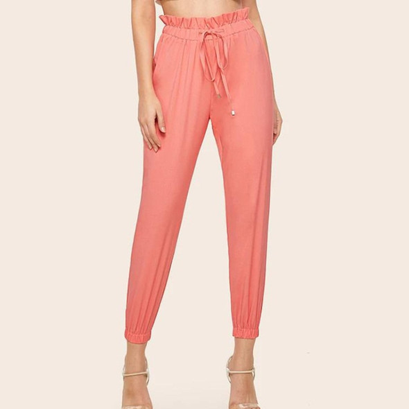 Drawstring Elastic Waist And Ruffles Tie Belt Pants Feet (Color:Pink Size:L)