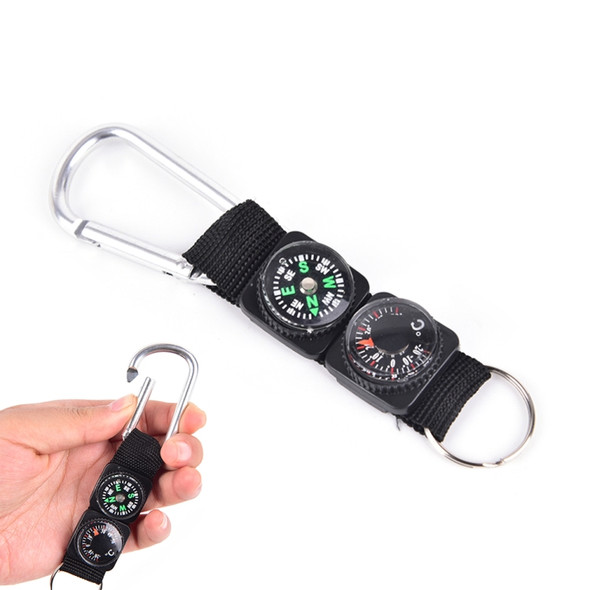 3 in 1 Camping Climbing Hiking Mini Carabiner with Keychain Compass Thermometer Hanger Key Ring Black